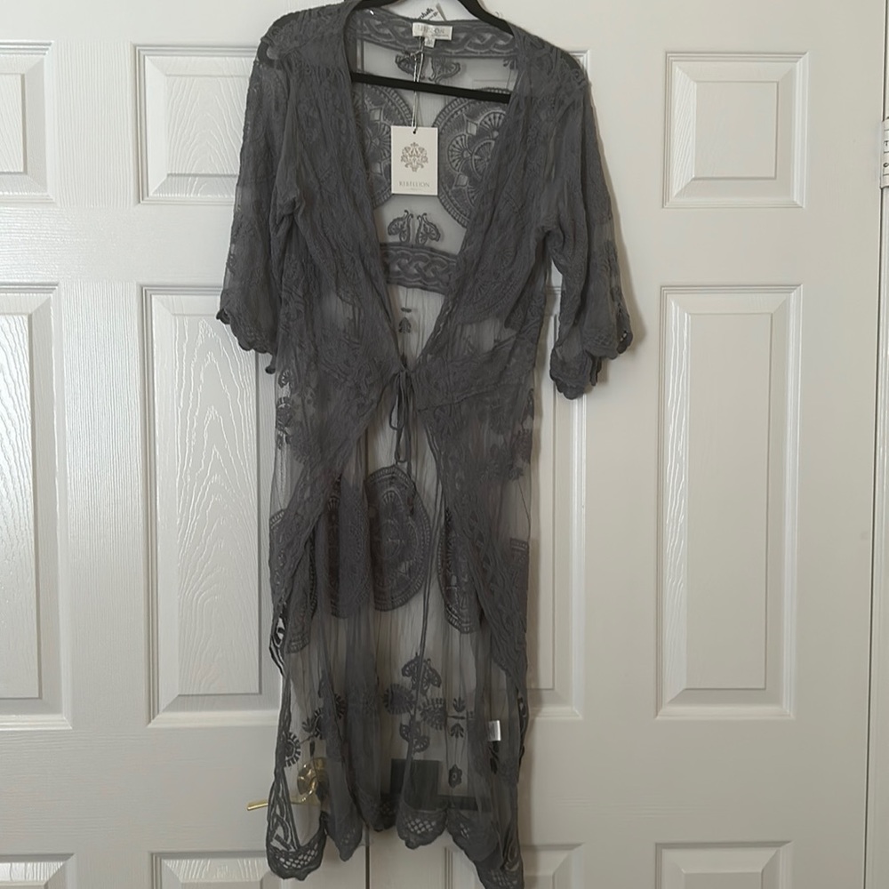 Rebellion Mesh Embroidered Lace Tie Front Cardigan Duster NWT